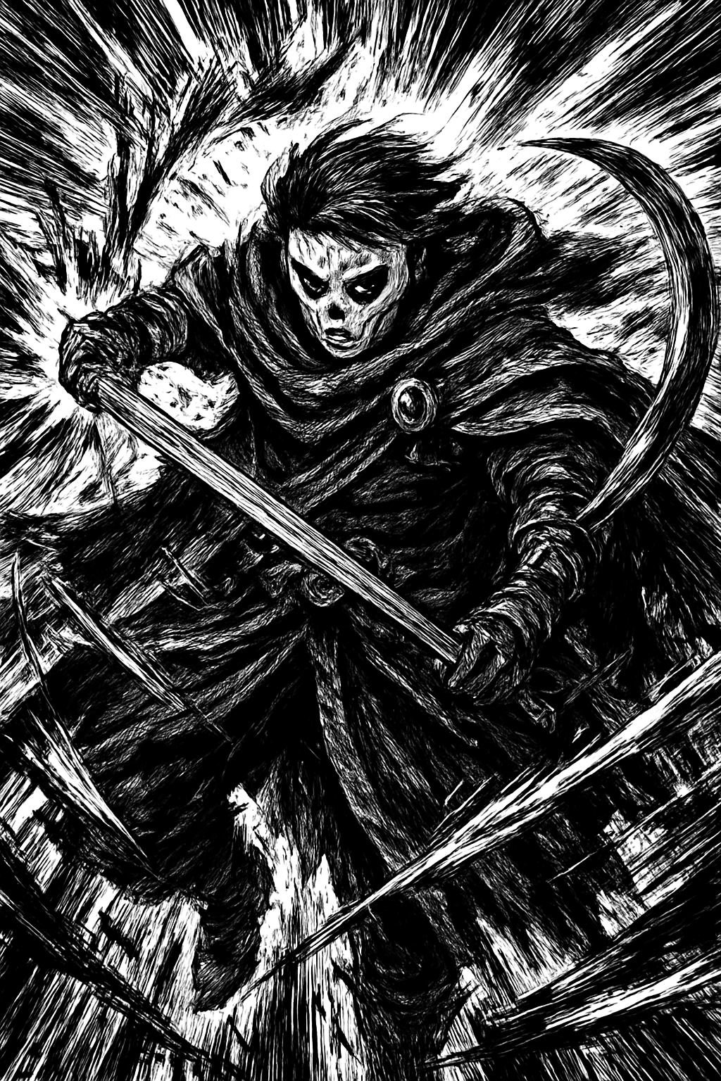 a black and white drawing of a person holding a sword