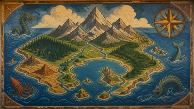 a map of an island realm with mountains, forests, a sheltered bay, sea monsters in the water and a compass rose, no text labels