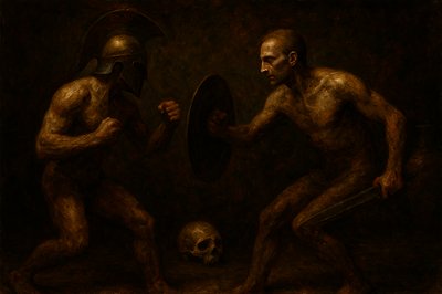 a painting of two men holding a mirror