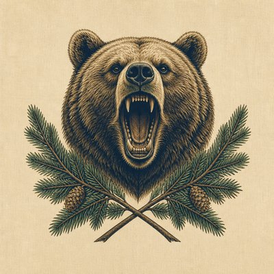 a roaring bear head above crossed pine branches, bold graphic composition on a plain background, no text