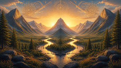 a vast valley with a river winding toward distant mountains at sunrise, no people, no text