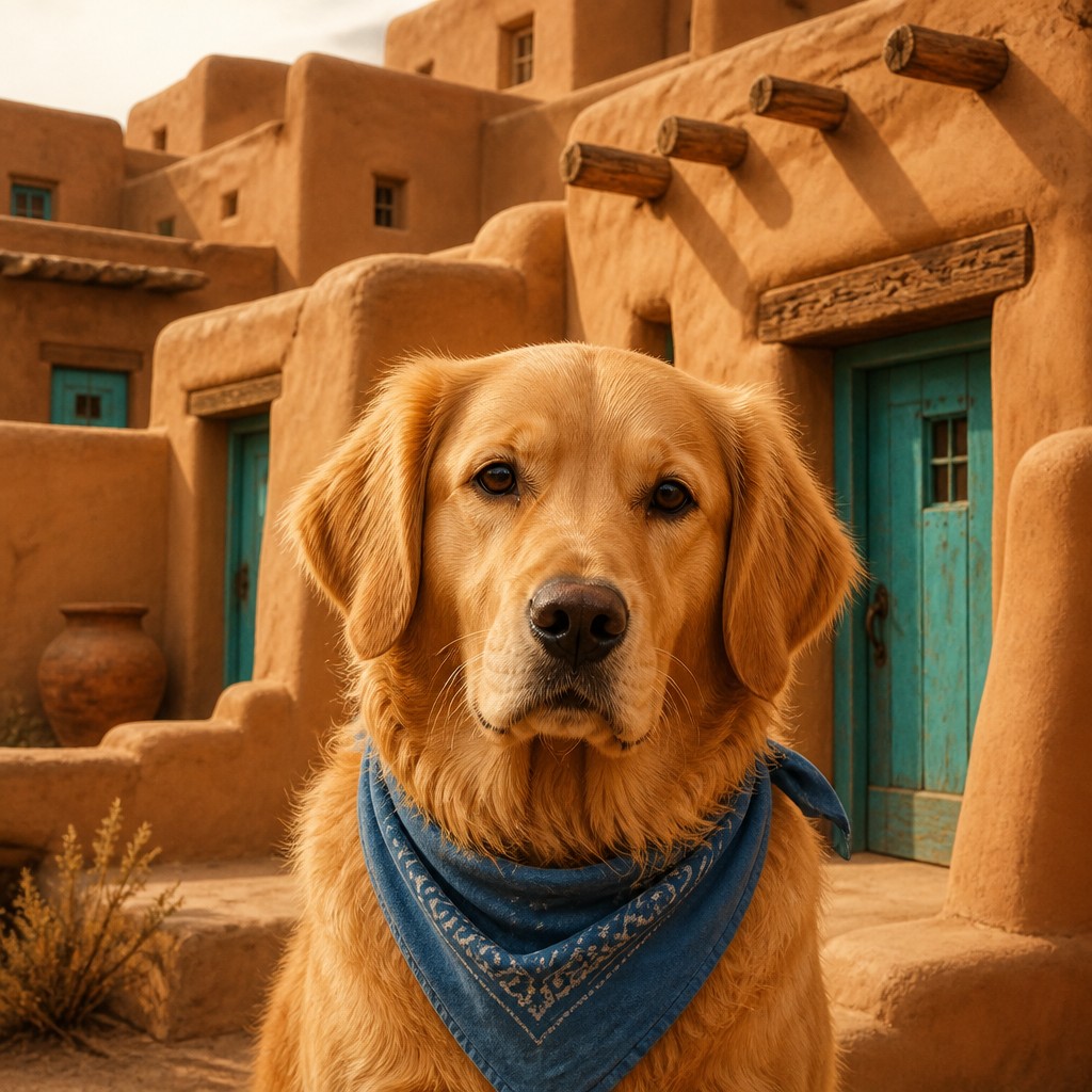 portrait of a golden retriever wearing a blue bandana, warm plain backdrop, no text