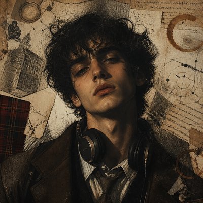head-and-shoulders portrait of an original character: a young man with curly dark hair and headphones around his neck, plain backdrop, no text
