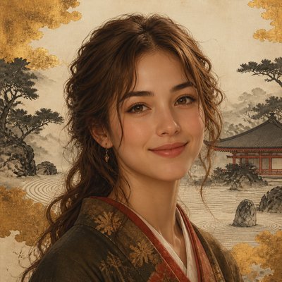 head-and-shoulders portrait of an original character: a young woman with wavy chestnut hair and a warm smile, plain soft backdrop