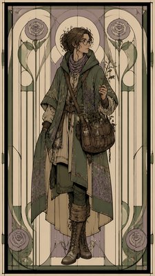 full-body original character: a wandering botanist with a satchel of plants, a patched green cloak, tall boots and round glasses, neutral background