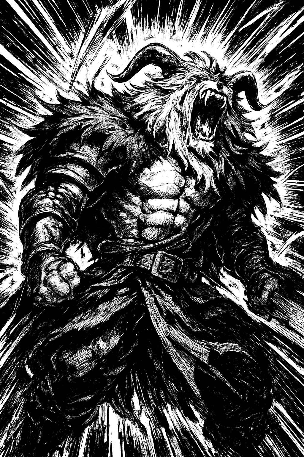 a black and white drawing of a demon