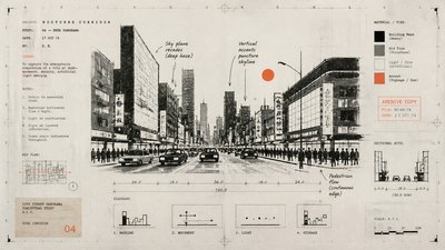 bustling city street panorama at dusk