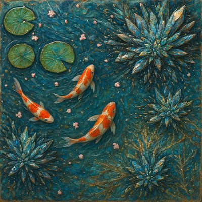 A koi pond seen from above, orange and white koi fish swimming among lily pads, clear water with subtle ripples, fallen cherry blossom petals floating on the surface, dappled sunlight