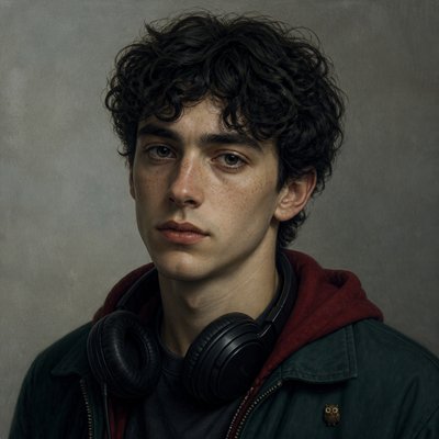 head-and-shoulders portrait of an original character: a young man with curly dark hair and headphones around his neck, plain backdrop, no text