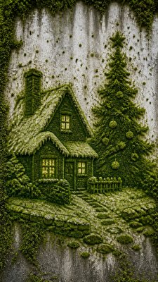 a snow-covered cottage with warm glowing windows beside a decorated pine tree, gentle snowfall, no text