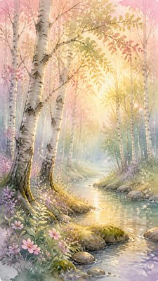 a serene birch forest in soft morning light, no people, no text