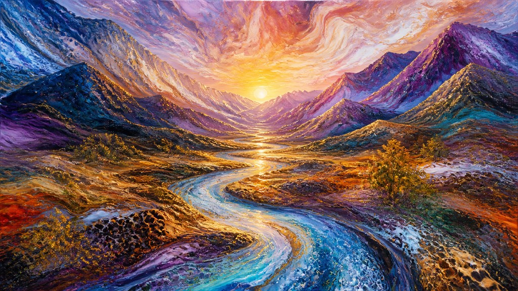 a vast valley with a river winding toward distant mountains at sunrise, no people, no text