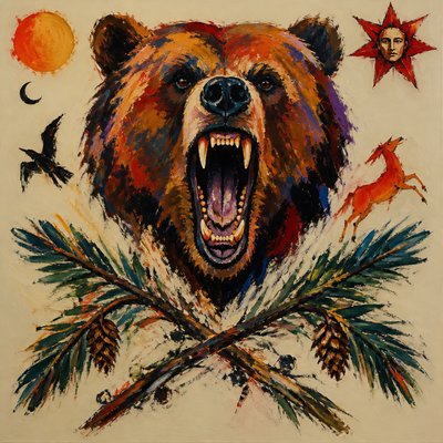 a roaring bear head above crossed pine branches, bold graphic composition on a plain background, no text