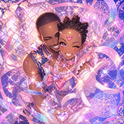 a man and a woman hugging in front of a purple background