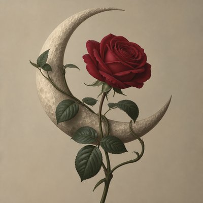 a rose entwined with a crescent moon, clean balanced composition on a plain background, no text