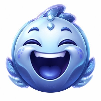 an exaggerated laughing face of an original round mascot character, bold and readable at small size, plain background, no text