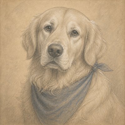 portrait of a golden retriever wearing a blue bandana, warm plain backdrop, no text