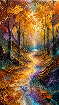 a winding forest path in golden autumn light, no people