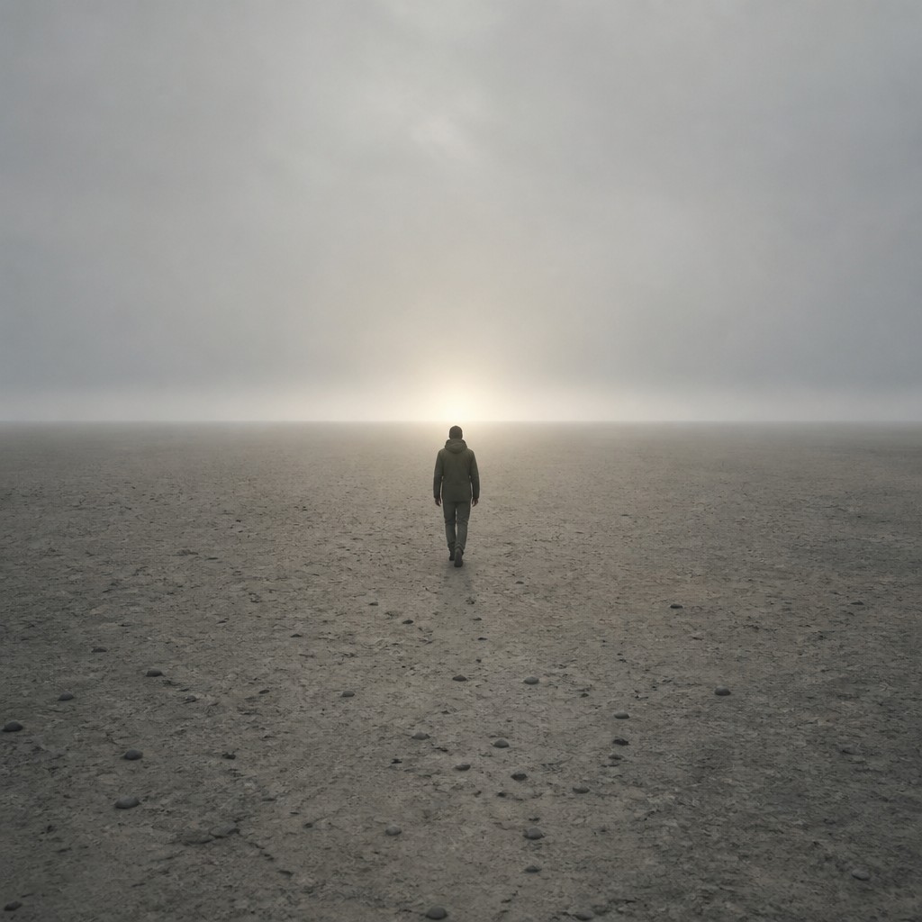 a solitary figure walking toward a glowing horizon across an empty plain, moody atmosphere, no text or lettering