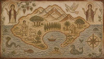 a map of an island realm with mountains, forests, a sheltered bay, sea monsters in the water and a compass rose, no text labels