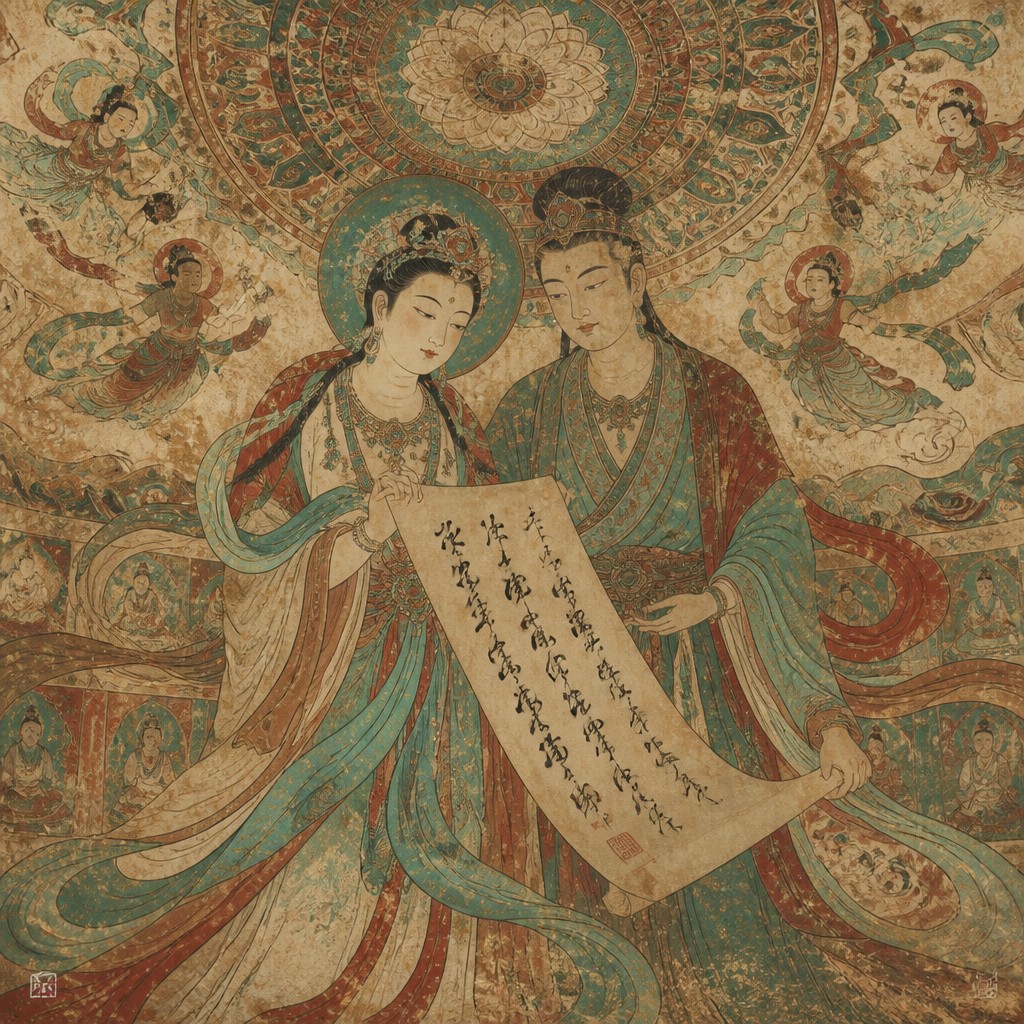 portrait of two people together — Dunhuang Art Style