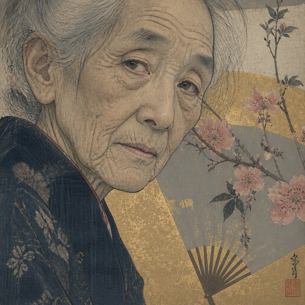 close-up portrait of an elderly person with expressive weathered features — Japonisme Art Style