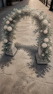 an arch of white roses and eucalyptus in soft morning light, elegant vertical composition with open space, no text