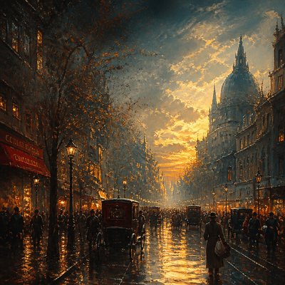 urban street with city activity — Neo-Romanticism Art Style
