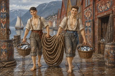 a painting of two men carrying baskets of eggs
