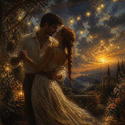 an original couple dancing under string lights in a garden at dusk: a man with short black hair in a linen shirt and a woman with braided red hair in a summer dress