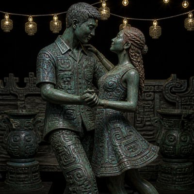 an original couple dancing under string lights in a garden at dusk: a man with short black hair in a linen shirt and a woman with braided red hair in a summer dress