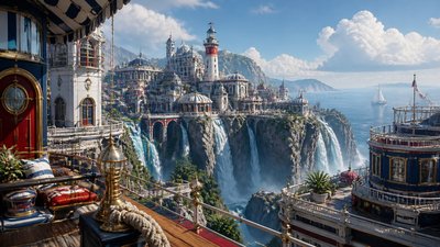 a cliffside city with waterfalls cascading into a misty canyon, wide establishing shot, no people, no text