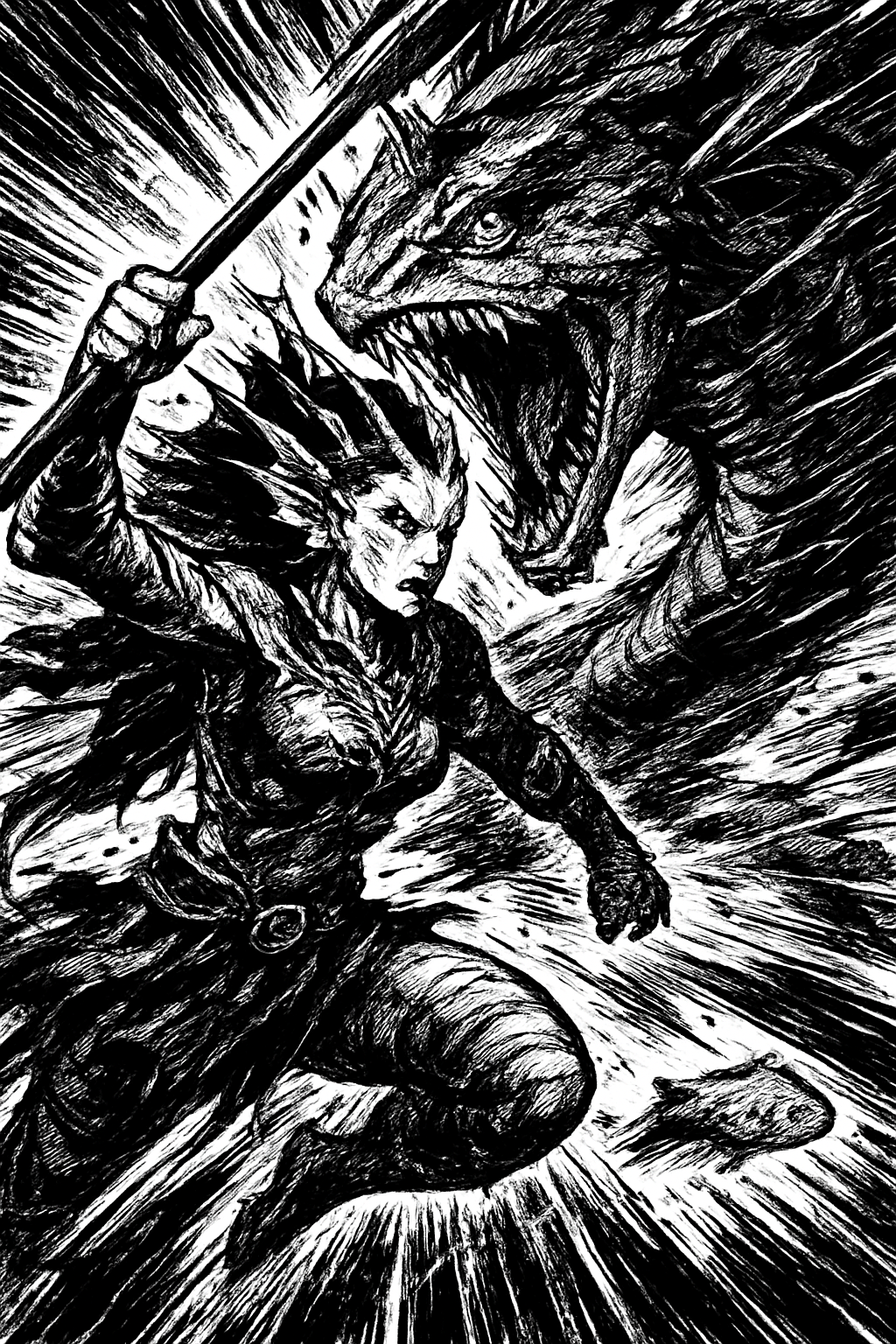 a black and white drawing of a woman holding a sword