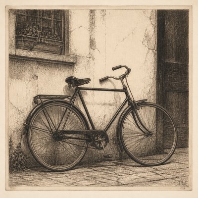 bicyle resting against a wall — Etching Print Style