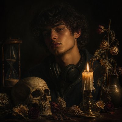 head-and-shoulders portrait of an original character: a young man with curly dark hair and headphones around his neck, plain backdrop, no text