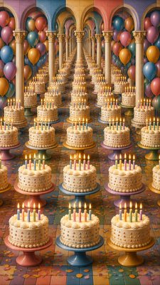 a birthday cake with lit candles surrounded by balloons and confetti, festive vertical composition, no text