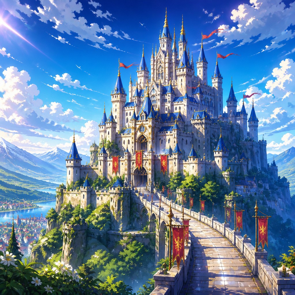 a grand castle with towers on a hilltop