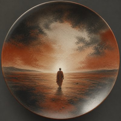 a solitary figure walking toward a glowing horizon across an empty plain, moody atmosphere, no text or lettering