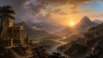 a vast valley with a river winding toward distant mountains at sunrise, no people, no text