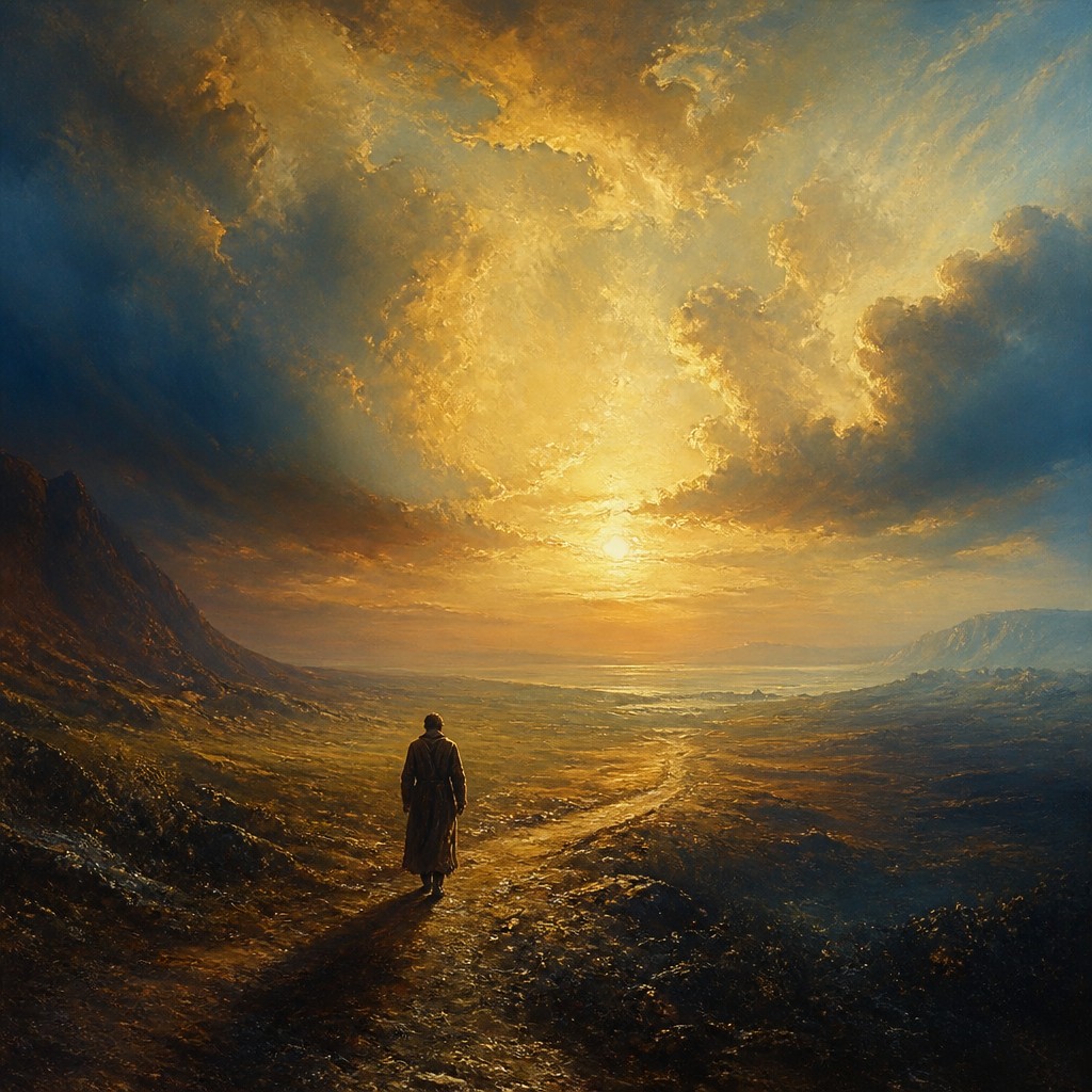a solitary figure walking toward a glowing horizon across an empty plain, moody atmosphere, no text or lettering