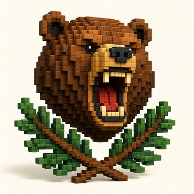 a roaring bear head above crossed pine branches, bold graphic composition on a plain background, no text