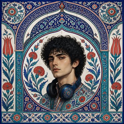 head-and-shoulders portrait of an original character: a young man with curly dark hair and headphones around his neck, plain backdrop, no text