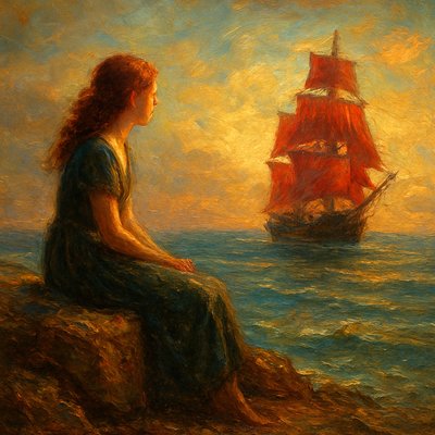 a girl sitting on a rock looking at the sea with a big ship with red sails on the horizon