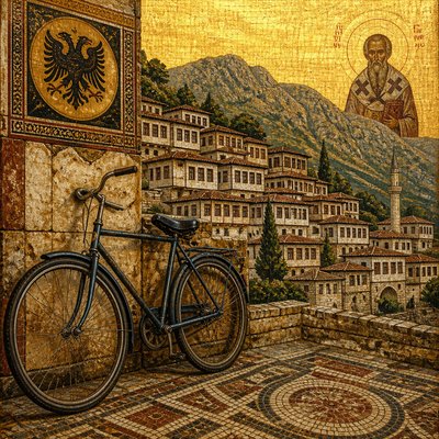 bicyle resting against a wall — Albanian Art Style