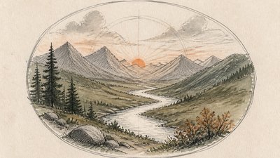 a vast valley with a river winding toward distant mountains at sunrise, no people, no text