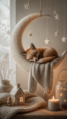 a sleeping baby fox curled on a crescent moon among soft stars, gentle and warm, no text