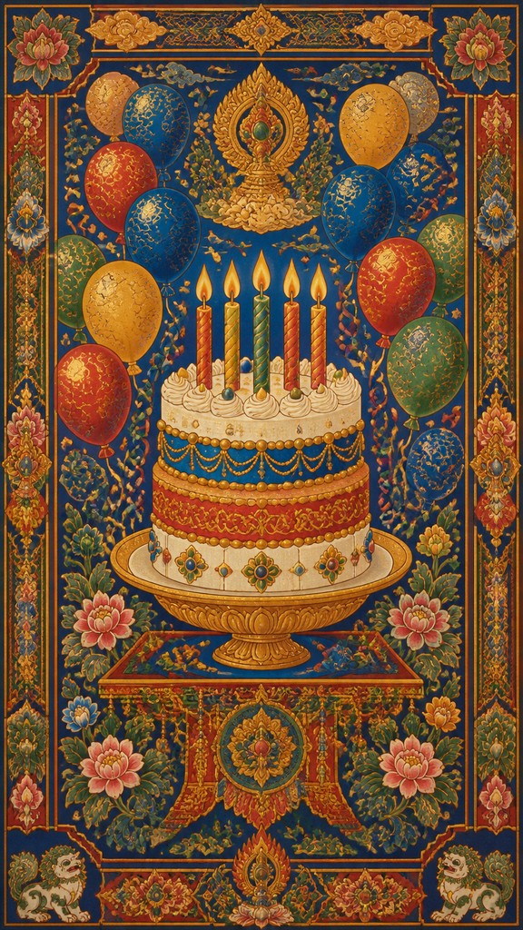 a birthday cake with lit candles surrounded by balloons and confetti, festive vertical composition, no text