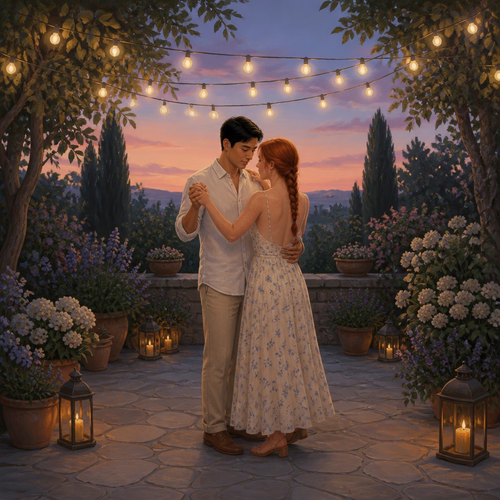 an original couple dancing under string lights in a garden at dusk: a man with short black hair in a linen shirt and a woman with braided red hair in a summer dress