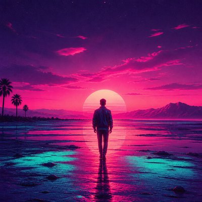 a solitary figure walking toward a glowing horizon across an empty plain, moody atmosphere, no text or lettering