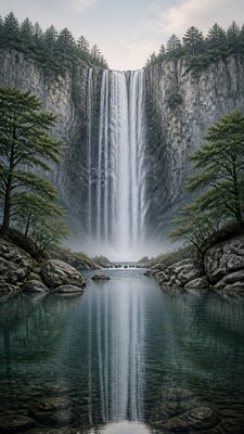 towering waterfall cascading down a cliff